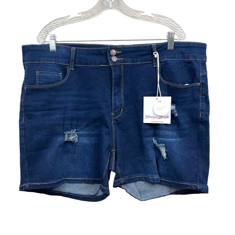 Honey & Bristle Women Denim Shorts Stretch Push Up Distressed Raw Blue Plus 24*